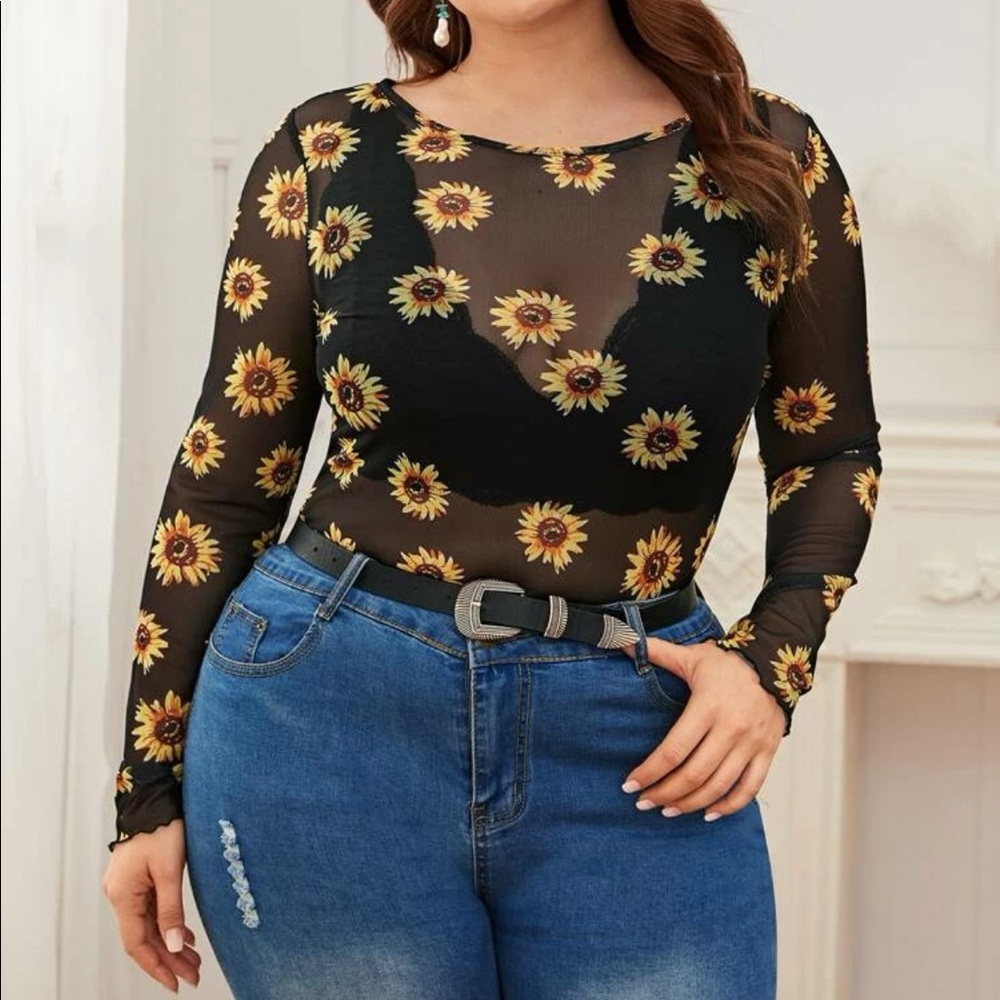 Plus size Floral mesh sheer top